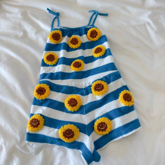 Stella McCartney Kids Girls Romper Size 8 Terry Cloth Yellow Sunflower Blue - Picture 5 of 6